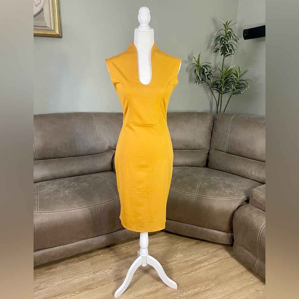 NWT Rolla Coster Mustard Yellow Bodycon Midi Dress Sz L Spring Summer Easter - Picture 7 of 9